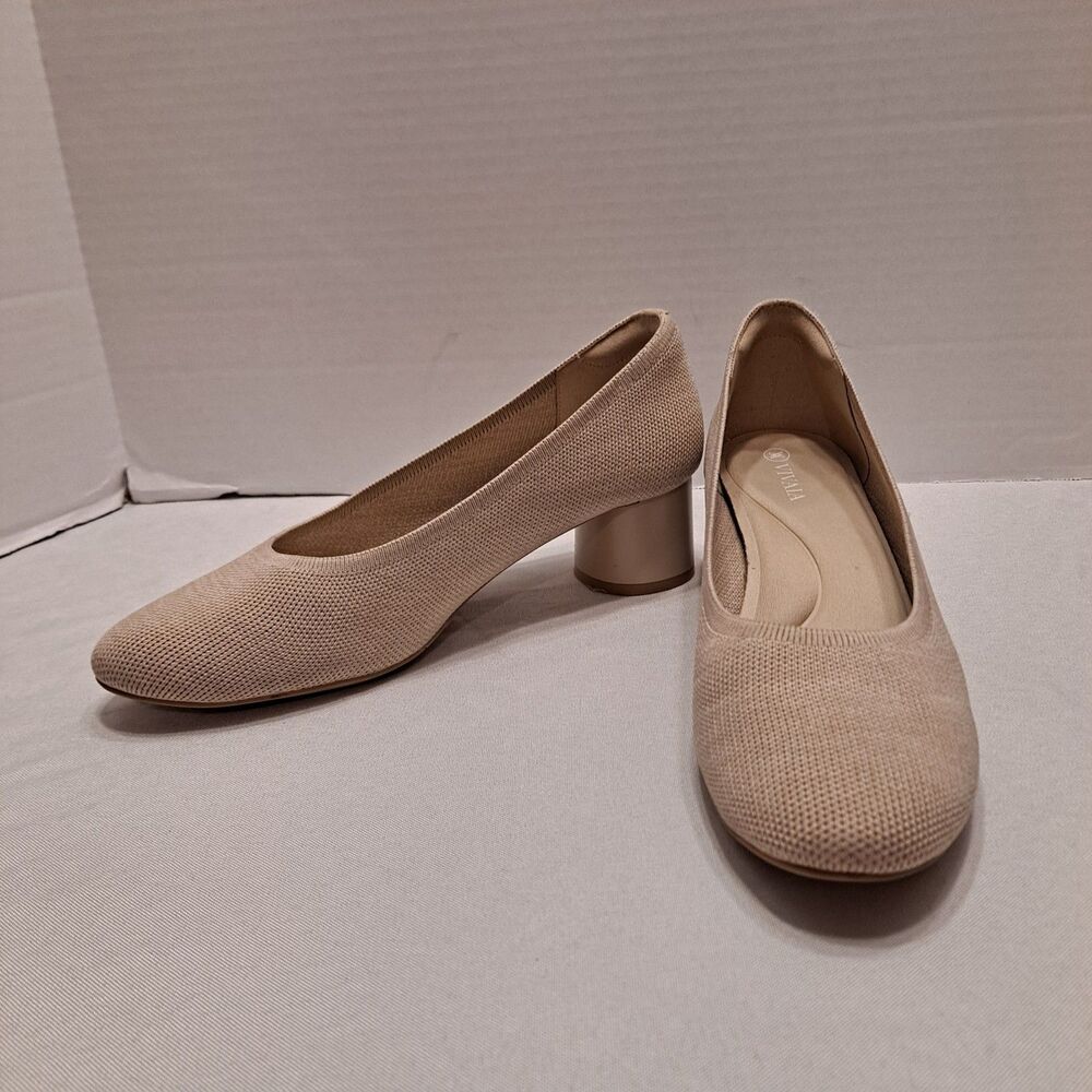 Vivaia Women's Elvia Knit Chunky Heels Sz 40 US 9 Beige Slip On Round Toe Pumps